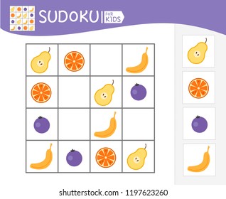 Sudoku game for children with pictures. Kids activity sheet.  Cartoon fruits.