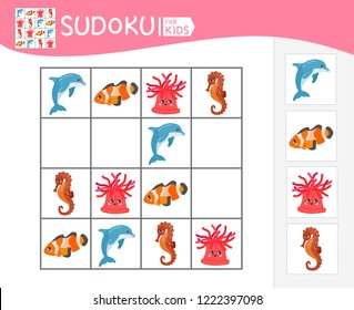 Sudoku game for children with pictures. Kids activity sheet.  Cartoon sea animals.