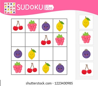 Sudoku game for children with pictures. Kids activity sheet. Cartoon fruits.