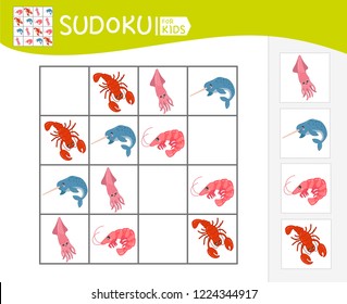 Sudoku game for children with pictures. Kids activity sheet.  Cartoon sea animals.
