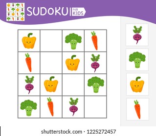 Sudoku Game For Children With Pictures. Kids Activity Sheet. Cartoon Vegetables.