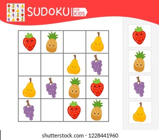 Sudoku game for children with pictures. Kids activity sheet. Cartoon fruits.