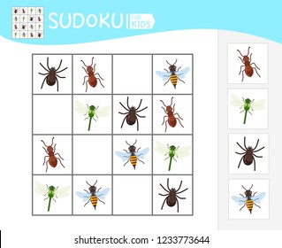 Sudoku game for children with pictures. Kids activity sheet. Cartoon insects.