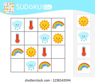 Sudoku game for children with pictures. Kids activity sheet. Cute weather set. 
