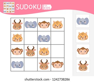 Sudoku game for children with pictures. Kids activity sheet. Cartoon head of cute animals.