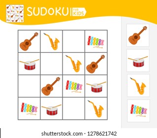 Sudoku game for children with pictures. Kids activity sheet.  Cartoon musical instruments.