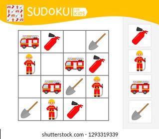 Sudoku game for children with pictures. Kids activity sheet. Cartoon fire engine and fireman.