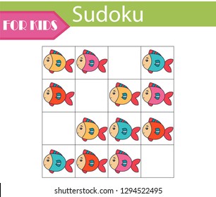 Sudoku game for children with pictures. Kids activity sheet. Fish