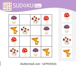 Sudoku game for children with pictures. Kids activity sheet.  Cartoon mushrooms.