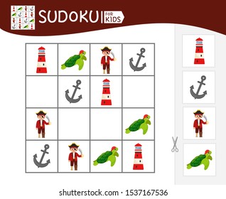 Sudoku game for children with pictures. Kids activity sheet. Pirate collection.