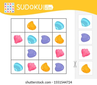 Sudoku game for children with pictures. Kids activity sheet.  Cartoon seashells.