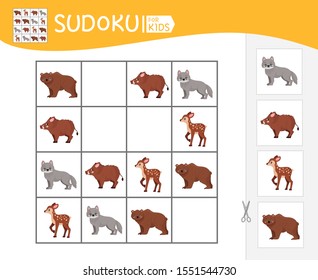 Sudoku game for children with pictures. Kids activity sheet.  Forest animals.