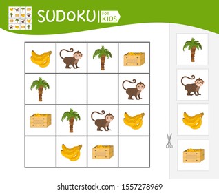 Sudoku game for children with pictures. Kids activity sheet.   Cartoon cute monkey and bananas.