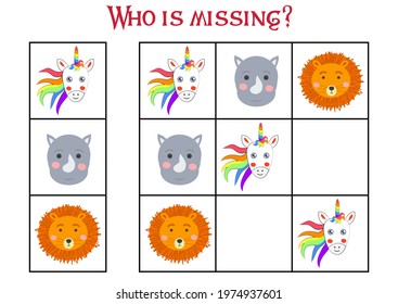 Sudoku game for children with pictures. Kids activity sheet. cute African animals muzzle