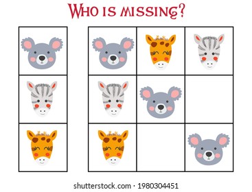 Sudoku game for children with pictures. Kids activity sheet. cute African animals muzzle