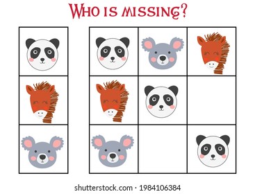 Sudoku game for children with pictures. Kids activity sheet. cute African animals muzzle