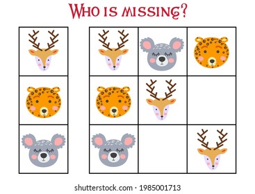 Sudoku game for children with pictures. Kids activity sheet. cute African animals muzzle