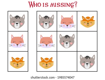 Sudoku game for children with pictures. Kids activity sheet. cute African animals muzzle