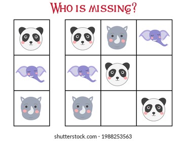 Sudoku game for children with pictures. Kids activity sheet. cute African animals muzzle
