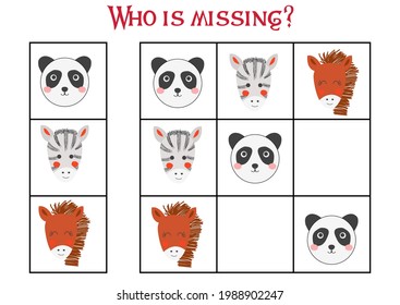 Sudoku game for children with pictures. Kids activity sheet. cute African animals muzzle