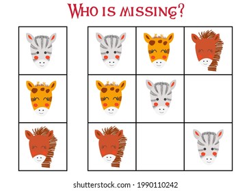Sudoku game for children with pictures. Kids activity sheet. cute African animals muzzle