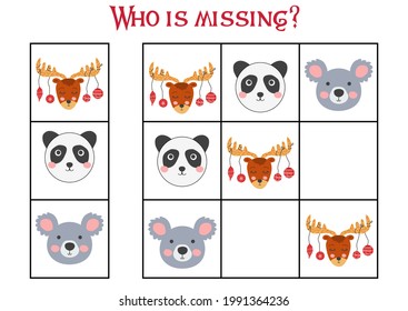 Sudoku game for children with pictures. Kids activity sheet. cute African animals muzzle