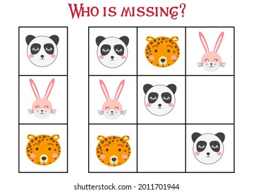 Sudoku game for children with pictures. Kids activity sheet. cute African animals muzzle