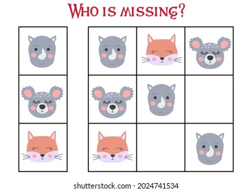 Sudoku game for children with pictures. Kids activity sheet. cute African animals muzzle