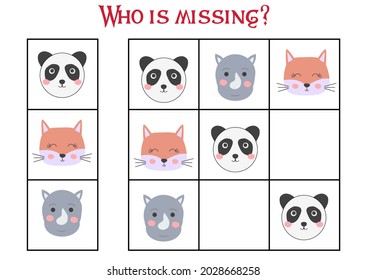 Sudoku game for children with pictures. Kids activity sheet. cute African animals muzzle