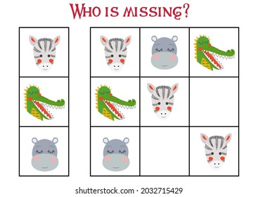 Sudoku game for children with pictures. Kids activity sheet. cute African animals muzzle