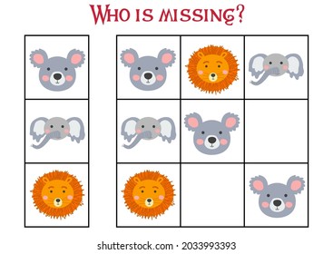 Sudoku game for children with pictures. Kids activity sheet. cute African animals muzzle