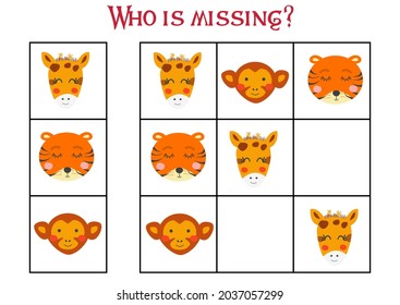 Sudoku game for children with pictures. Kids activity sheet. cute African animals muzzle