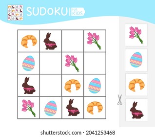 Sudoku Game For Children With Pictures. Kids Activity Sheet. Easter Collection.