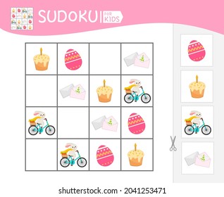 Sudoku Game For Children With Pictures. Kids Activity Sheet. Easter Collection.