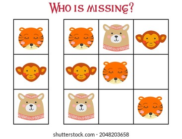Sudoku game for children with pictures. Kids activity sheet. cute African animals muzzle