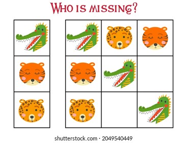 Sudoku game for children with pictures. Kids activity sheet. cute African animals muzzle