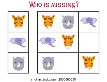 Sudoku game for children with pictures. Kids activity sheet. cute African animals muzzle