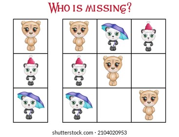 Sudoku game for children with pictures. Kids activity sheet. Cartoon animals.