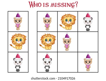 Sudoku game for children with pictures. Kids activity sheet. Cartoon animals.
