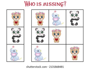 Sudoku game for children with pictures. Kids activity sheet. Cartoon animals.