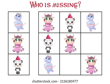 Sudoku game for children with pictures. Kids activity sheet. Cartoon animals.
