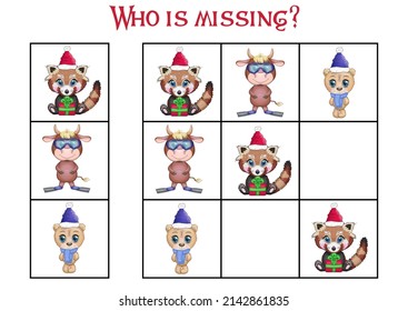 Sudoku game for children with pictures. Kids activity sheet. Cartoon animals.