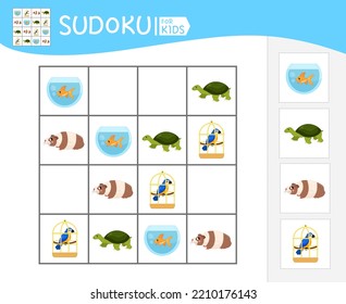 Sudoku game for children with pictures. Kids activity sheet. Cute cartoon pet.