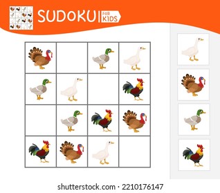 Sudoku game for children with pictures. Kids activity sheet. Cute cartoon poultry.