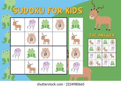 Sudoku game for children with pictures. Kids activity sheet. Training children’s logical thinking, educational game. Kids activity sheet. Vector cute animals. Printable puzzle game for preschool