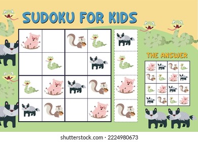 Sudoku game for children with pictures. Kids activity sheet. Training children’s logical thinking, educational game. Kids activity sheet. Vector cute animals. Printable puzzle game for preschool