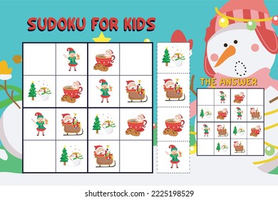 Sudoku game for children with pictures. Kids activity sheet. Training children’s logical thinking, educational game. Cute Christmas cartoon items. Vector illustration.