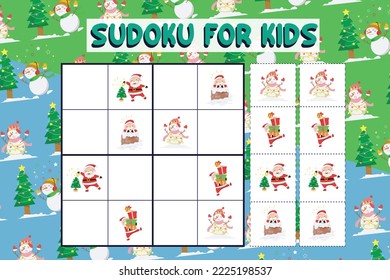 Sudoku game for children with pictures. Kids activity sheet. Training children’s logical thinking, educational game. Cute Christmas cartoon items. Vector illustration.