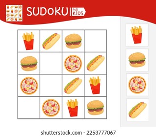 Sudoku game for children with pictures. Kids activity sheet. Vector illustration cartoon household fast food.
