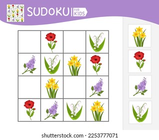 Sudoku game for children with pictures. Kids activity sheet. Vector illustration cartoon household flowers.
